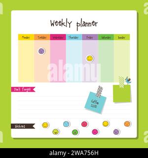 Planner. Weekly Note paper, Notes, to do list. Organiser planner template. Stock Vector