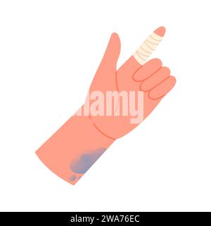 Hand with injured finger. Medical bandage, first aid for body injury cartoon vector illustration Stock Vector