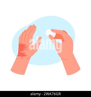 Disinfect injury on human hand. First medical aid for body wound cartoon vector illustration Stock Vector