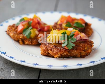 Lentil, Barley Burgers with Spicy Yellow Plum Salsa Stock Photo