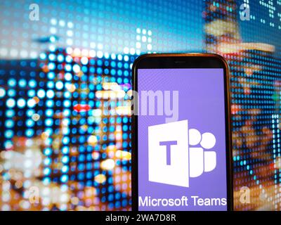 Konskie, Poland - January 02, 2024: Microsoft Teams logo displayed on mobile phone screen Stock Photo