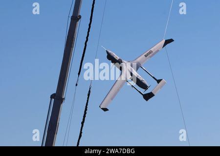 US military forces. 160321MB391-068 CHERRY POINT, N.C. (March 21, 2016) A RQ-21A Blackjack recovers after it was launched for the first time into Class D airspace over MCAS Cherry Point. The RQ-21A Blackjack system is modular, flexible and multi-mission capable, providing roll-on, roll-off transitions between land and maritime environments. The RQ-21 Blackjack belongs to Marine Unmanned Aerial Vehicle Squadron 2.  (U.S. Marine Corps photo by Pfc. Nicholas P. Baird/Released) Stock Photo