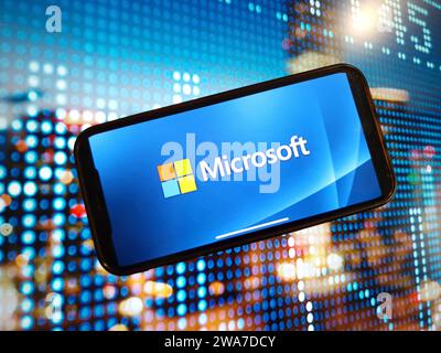 Konskie, Poland - January 02, 2024: Microsoft company logo displayed on mobile phone screen Stock Photo