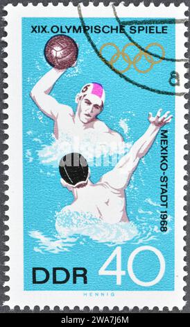 Cancelled postage stamp printed by German Democratic Republic, that shows Water polo, Summer Olympic Games 1968 - Mexico City, circa 1968. Stock Photo