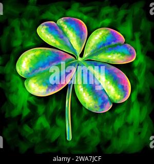 Four leaf clover painted style as an Irish symbol for a green lucky charm icon of good luck and fortune as an opportunity for success and a successful Stock Photo