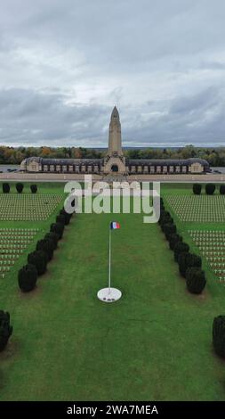 drone photo Douaumont ossuary, Ossuaire de Douaumont Verdun France Europe Stock Photo