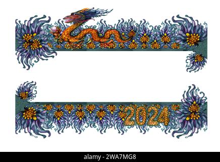 Watercolor borders with green wooden dragon with magic pearl and numbers 2024 hand drawn with dragon scale texture. Lunar New Year symbol illustration Stock Photo