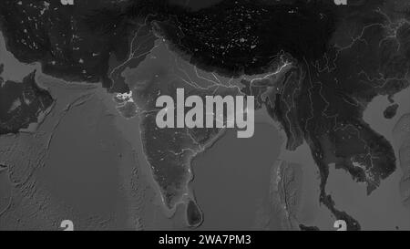 India highlighted on a Grayscale elevation map with lakes and rivers Stock Photo