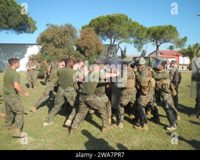 US military forces. 160616ZZ999-002 NAVAL STATION ROTA, Spain (June 16, 2016) Marines from First Platoon assigned to Fleet Anti-terrorism Security Team Company, Europe, demonstrate non-lethal weapons tactics in the form of riot control operations to Marines with Special Purpose MAGTF during an interoperability exercise at Naval Station Rota, Spain, June 16, 2016.   U.S. 6th Fleet, headquartered in Naples, Italy, conducts the full spectrum of joint and naval operations, often in concert with allied, joint, and interagency partners, in order to advance U.S. national interests and security and st Stock Photo