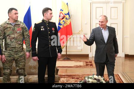 Novo-Ogaryovo, Russia. 01st Jan, 2024. Russian President Vladimir Putin delivers remarks to military personnel participating in the invasion of Ukraine at the official presidential residence of Novo-Ogaryovo, January 1, 2024 in Novo-Ogaryovo, Moscow Oblast, Russia. Credit: Gavriil Grigorov/Kremlin Pool/Alamy Live News Stock Photo