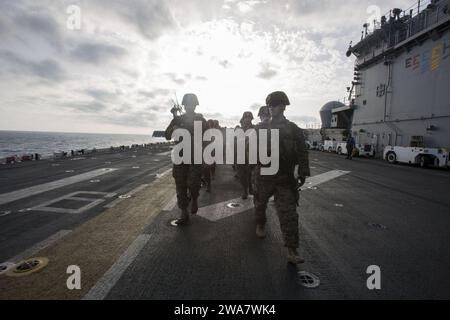 US military forces. 160718AF202-042 MEDITERREANEAN SEA (July 18, 2016) Marines assigned to Battalion Landing Team, Headquarters and Service Company, 1st Battalion, 6th Marine Regiment, 22nd Marine Expeditionary Unit (MEU), hike aboard the USS Wasp (LHD-1) July 18, 2016. 22nd MEU, deployed with the Wasp Amphibious Ready Group, is conducting naval operations in the 6th Fleet area of operations in support of U.S. national security interests in Europe. (U.S. Marine Corps photo by Lance Cpl. Koby I. Saunders) Stock Photo