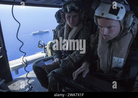 US military forces. Marines assigned to 22nd Marine Expeditionary Unit (MEU) conduct an operational flight of the Intrepid Tiger 2 special capabilities pod aboard the amphibious assault ship USS Wasp (LHD-1) on July 21, 2016. 22nd MEU, deployed with the Wasp Amphibious Ready Group, is conducting naval operations in the 6th Fleet area of operations in support of U.S. national security interests in Europe.(U.S. Marine Corps photo by Cpl. John A. Hamilton Jr.) Stock Photo