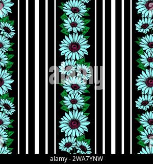 seamless vertical pattern of stripes and blue flowers, texture, background Stock Photo