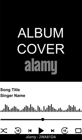 Design of music player interface with album cover frame, buttons, loading bar and sound wave. Playback menu template isolated on white background. Vector graphic illustration Stock Vector