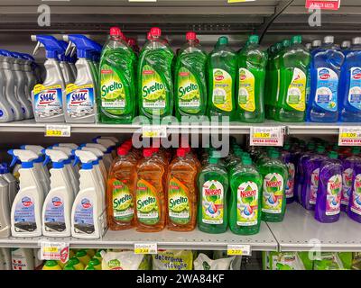 Italy - January 02, 2024: Lemon dishwashing detergent in plastic bottles of various types and brands displayed on shelves for sale in Italian supermar Stock Photo