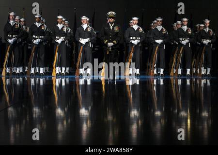 US military forces. ARLINGTON, Va. (Jan. 9, 2017) The U.S. Navy Ceremonial Guard assigned to Naval District Washington, D.C., stands in formation during  Secretary of Defense Ash Carter's farewell ceremony at Joint Base Myer-Hehderson Hall, Va. (Official DoD photo by EJ Hersom/Released) Stock Photo