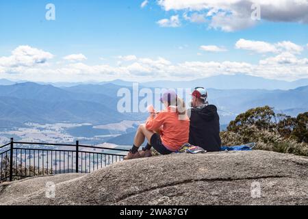 Scenic views across the Victorian Alps from on top of Mount Buffalo. Stock Photo