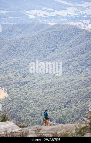 Scenic views across the Victorian Alps from on top of Mount Buffalo. Stock Photo