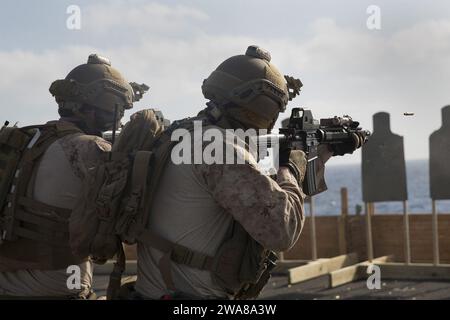 US military forces. 170331OC926-100 Mediterranean Sea (March 31, 2017) Marines with the Maritime Raid Force, 24th Marine Expeditionary Unit (MEU), engage their targets with M4 rifles during a live-fire training exercise focused on sustaining weapon proficiency aboard the amphibious transport dock ship USS Mesa Verde (LPD 19), March 31, 2017. The 24th MEU is underway with the Bataan Amphibious Ready Group in support of maritime security operations and theater security cooperation efforts in the U.S. 6th Fleet area of operations. (U.S. Marine Corps photo by Cpl. Hernan Vidaña) Stock Photo