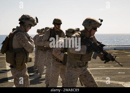 US military forces. 170510OC926-154 MEDITERRANEAN SEA (May 10, 2017) Marines assigned to Light Armored Reconnaissance Company, Battalion Landing Team, 3rd Battalion, 6th Marine Regiment, 24th Marine Expeditionary Unit (MEU), prepare to engage targets in the during a weapons proficiency live-fire training exercise aboard the amphibious transport dock ship USS Mesa Verde (LPD 19) May 10, 2017. The 24th MEU is underway with the Bataan Amphibious Ready Group in support of maritime security operations and theater security cooperation efforts in the U.S. 6th Fleet area of operations. (U.S. Marine Co Stock Photo