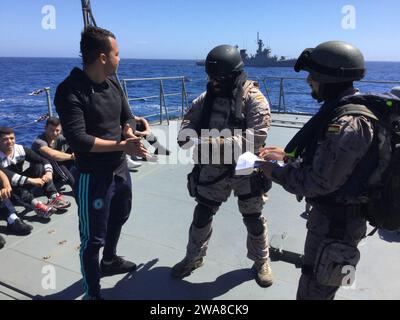 US military forces. 170515N0901-001 MEDITERRANEAN SEA (May 15, 2017) Algerian and Spanish sailors practiced visit, board, search and seizure techniques during exercise Phoenix Express 2017, May 15. Phoenix Express, sponsored by U.S. Africa Command and facilitated by U.S. Naval Forces Europe-Africa/U.S. 6th Fleet, is designed to improve regional cooperation, increase maritime domain awareness information sharing practices, and operational capabilities to enhance efforts to achieve safety and security in the Mediterranean Sea. (Photo courtesy of Spanish Navy/Released) Stock Photo