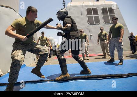 US military forces. 170520OC926-051 MEDITERRANEAN SEA (May 20, 2017) Lance Cpl. John Nikitas, assigned to Battalion Landing Team, 3rd Battalion, 6th Marine Regiment, 24th Marine Expeditionary Unit (MEU), spars after being exposed to oleoresin capsicum during a confidence course aboard the San Antonio-class amphibious transport dock ship USS Mesa Verde (LPD 19) May 20, 2017. The 24th MEU is underway with the Bataan Amphibious Ready Group in support of maritime security operations and theater security cooperation efforts in the U.S. 5th and U.S. 6th Fleet area of operations. (U.S. Marine Corps p Stock Photo
