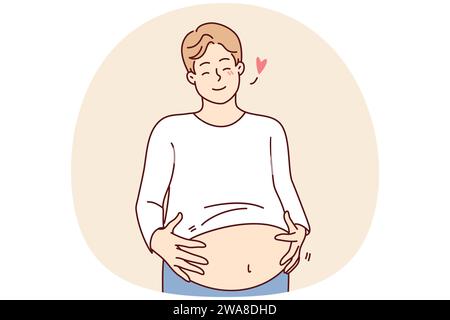 Happy fat man holding big belly feeling body positive. Smiling overweight guy with huge stomach with self-acceptance. Vector illustration. Stock Vector