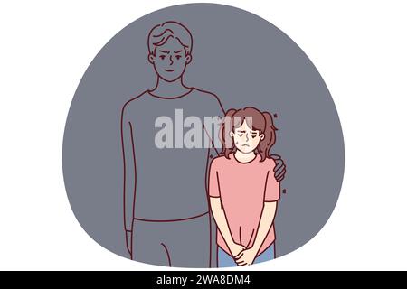 Unhappy little girl standing near man figure ghost feeling mad and furious. Sad small child cry suffer from domestic violence. Vector illustration. Stock Vector