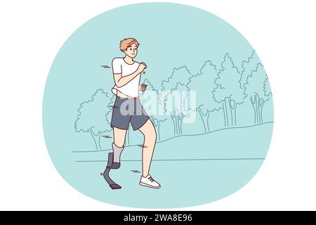 Smiling young man with prosthetic leg running in park. Happy disabled male with prosthesis jogging training outdoors. Disability and normal life. Vector illustration. Stock Vector