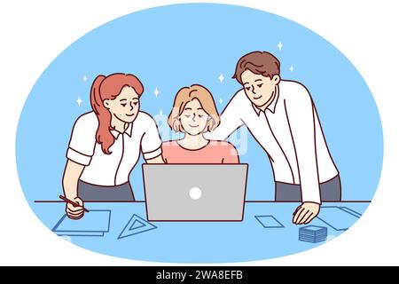 Smiling colleagues look at laptop screen work together on business project in office. Happy businesspeople brainstorm cooperate together on computer. Teamwork. Vector illustration. Stock Vector
