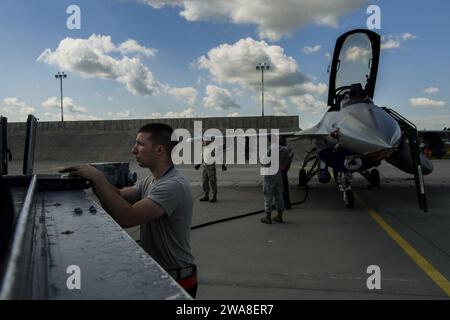 US military forces. Airman 1st Class Jordan Desisto, 31st Maintenance Squadron crew chief, looks at technical orders on a F-16 Fighting Falcon, 510th Fighter Squadron, during BALTOPS at Krzesiny Air Base, Poland, June 8, 2017. The exercise is designed to enhance flexibility and interoperability, to strengthen combined response capabilities, as well as demonstrate resolve among Allied and Partner Nations' forces to ensure stability in, and if necessary defend, the Baltic Sea region. (U.S. Air Force photo by Staff Sgt. Jonathan Snyder) Stock Photo