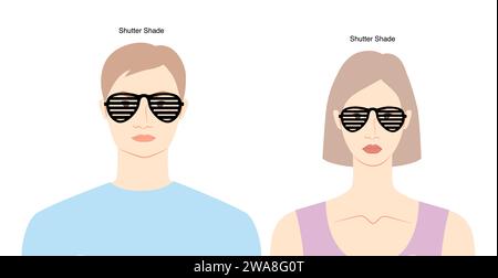 Shutter Shade frame glasses on women and men flat character fashion accessory illustration. Sunglass front view silhouette style, flat rim spectacles eyeglasses with lens sketch outline isolated Stock Vector