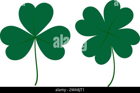 Three leaf and four leaf clover in trendy green. Design elements for stickers, icon or other uses. Isolate. EPS. Vector for greetings or invitation cards, poster, banner, brochures, billboards, label  Stock Vector
