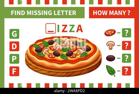 How many counting pizza food ingredient, children math education puzzle game. Find missing word letter. Alphabet, number learning logical task. Vector Stock Vector