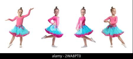 Cute little girl in costume dancing on white background, set of photos Stock Photo