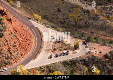 Looking down from Scout Lookout to the Big Bend Viewpoint parking area in autumn at Zion National Park, Utah. Stock Photo