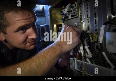 US military forces. 171020UY653-021  ATLANTIC OCEAN (Oct. 20, 2017) Fire Controlman 3rd Class Danny Smith performs maintenance on a combat systems console aboard the Arleigh Burke-class guided-missile destroyer USS Oscar Austin (DDG 79) Oct. 20, 2017. Oscar Austin is on a routine deployment supporting U.S. national security interests in Europe, and increasing theater security cooperation and forward naval presence in the U.S. 6th Fleet area of operations. (U.S. Navy photo by Mass Communication Specialist 2nd Class Ryan Utah Kledzik/Released) Stock Photo
