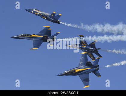 US military forces. 171104TP832-728  JACKSONVILLE, Fla. (Nov. 4, 2017) F/A-18C Hornets from the U.S. Navy Flight Demonstration Squadron, the Blue Angels, perform an aerial demonstration during the Naval Air Station (NAS) Jacksonville Airshow. The show celebrated the Blue Angles’ heritage, which traces back to 1946 at the squadron’s birthplace of NAS Jacksonville. The show also featured aerial performances by other military and civilian flight teams, live entertainment, and the opportunity to see military aircraft and vehicles and the U.S. Special Operations Command Parachute Team. (U.S. Navy p Stock Photo