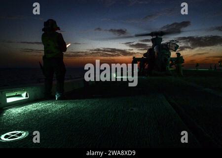 US military forces. 171106BK384-144 MEDITERRANEAN SEA (Nov. 6, 2017) Aviation Boatswain’s Mate (Handling) 3rd Class Esmerelda Hernandez, from Corpus Christi, Texas, and assigned to the air department aboard the San Antonio-class amphibious transport dock ship USS San Diego (LPD 22), directs an AH-1Z Viper, assigned to Marine Medium Tiltrotor Squadron (VMM) 161 (reinforced), on the ship’s flight deck Nov. 6, 2017 . San Diego is deployed with the America Amphibious Ready Group and the 15th Marine Expeditionary Unit to support maritime security and theater security cooperation in efforts in the U Stock Photo