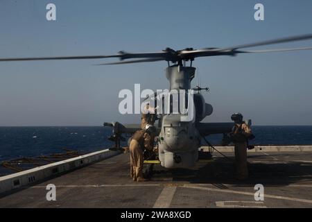US military forces. 171107CK339-005 MEDITERRANEAN SEA (Nov. 7, 2017) – Marines assigned to the 15th Marine Expeditionary Unit’s (MEU) Aviation Combat Element, rotate pilots on an AH-1Z Cobra helicopter, attached to Marine Medium Tiltrotor Squadron (VMM) 161 (reinforced), aboard San Antonio-class amphibious transport dock ship USS San Diego (LPD 22) Nov. 7, 2017. The 15th MEU and America Amphibious Ready Group (ARG) perform flight training to remain prepared as a maritime crisis-contingency force. San Diego is deployed with the America ARG and 15th MEU to support maritime security operations an Stock Photo