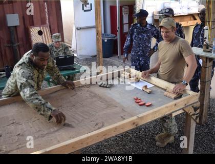 US military forces. 171115RF885-004 CAMP LEMONNIER, Djibouti (Nov. 15, 2017) Sailors assigned to Coastal Riverine Squadron (CRS) 1 prepare a sand table for a staff planning exercise with Djiboutian navy sailors onboard Camp Lemonnier, Djibouti, Nov. 15, 2017.  The training was part of multiple joint trainings with Djiboutian forces to strengthen the partnership with the host nation and reinforce seaward security. (U.S. Navy photo by Mass Communication Specialist 2nd Class Natalia Murillo/Released) Stock Photo