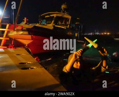 US military forces. 180112FD185-895 PORT DE PECHE, Djibouti (Jan. 5, 2018) Construction Mechanic 2nd Class Justin Holmes, assigned to Coastal Riverine Squadron (CRS) 10, guides a trailer off the boat ramp as they recover a patrol boat from Port de Peche pier after completing a night time seaward security mission Jan. 5, 2018. CRS-10 is forward-deployed to the U.S. 6th Fleet area of operations and conducts joint and naval operations, often in concert with allied and interagency partners, in order to advance U.S. national interests and security and stability in Europe and Africa. (U.S. Navy phot Stock Photo