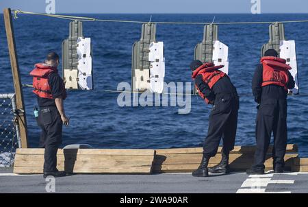 US military forces. BAY OF CADIZ (Jan. 19, 2018) Sailors inspect the results of an M4 rifle qualification course during a small-arms gun shoot on the flight deck of the Arleigh Burke-class guided-missile destroyer USS Ross (DDG 71) Jan. 19, 2018. Ross, forward-deployed to Rota, Spain, is on its sixth patrol in the U.S. 6th Fleet area of operations in support of regional allies and partners and U.S. national security interests in Europe. (U.S. Navy photo by Mass Communication Specialist 1st Class Kyle Steckler/Released) Stock Photo