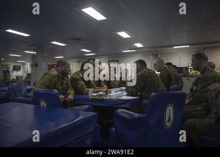 US military forces. 180306IZ659-0002  MEDITERRANEAN SEA (Mar. 6, 2018) U.S. Marine Corps leadership of Battalion Landing Team, 2nd Battalion, 6th Marine Regiment (BLT 2/6), 26th Marine Expeditionary Unit (MEU), discuss details about the upcoming bilateral exercise Juniper Cobra with Israeli Defense Force (IDF) soldiers aboard the Wasp-class amphibious assault ship USS Iwo Jima (LHD 7), Mar. 6, 2018. JC18 is a combined exercise designed to improve interoperability between US and Israeli forces. . (U.S. Marine Corps photo by Cpl. Santino D. Martinez/Released) Stock Photo