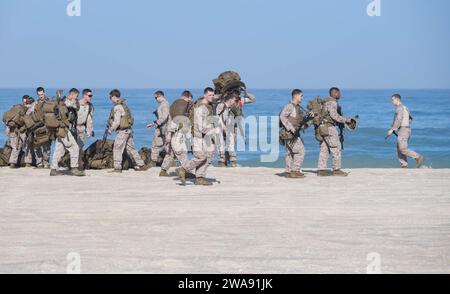 US military forces. 180307TK177-0135 HAIFA, ISRAEL (March 7, 2018) Marines assigned to the 26th Marine Expeditionary Unit gather their gear in preparation for an exercise in Israel, March 7, 2018. The Wasp-class amphibious assault ship USS Iwo Jima (LHD 7), homeported in Mayport, Florida, is participating in Juniper Cobra 2018 and conducting naval operations in the U.S 6th Fleet area of operations. JC18 is a computer-assisted exercise conducted through computer simulations focused on improving combined missile defense capabilities and overall interoperability between the U.S. European Command Stock Photo