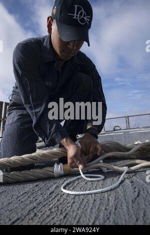 US military forces. 180316KP948-096 MEDITERRANEAN SEA (March 16, 2018) Seaman Jose Palomares splices line aboard the Arleigh Burke-class guided-missile destroyer USS Donald Cook (DDG 75) March 16, 2018.  Donald Cook, forward-deployed to Rota, Spain, is on its seventh patrol in the U.S. 6th Fleet area of operations in support of regional allies and partners, and U.S. national security interests in Europe and Africa. (U.S. Navy photo by Mass Communication Specialist 2nd Class Alyssa Weeks/Released) Stock Photo