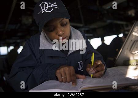 US military forces. 180316KP948-016 MEDITERRANEAN SEA (March 16, 2018) Seaman Apprentice Aliyah Smith records  gyro errors aboard the Arleigh Burke-class guided-missile destroyer USS Donald Cook (DDG 75) March 16, 2018.  Donald Cook, forward-deployed to Rota, Spain, is on its seventh patrol in the U.S. 6th Fleet area of operations in support of regional allies and partners, and U.S. national security interests in Europe and Africa. (U.S. Navy photo by Mass Communication Specialist 2nd Class Alyssa Weeks/Released) Stock Photo