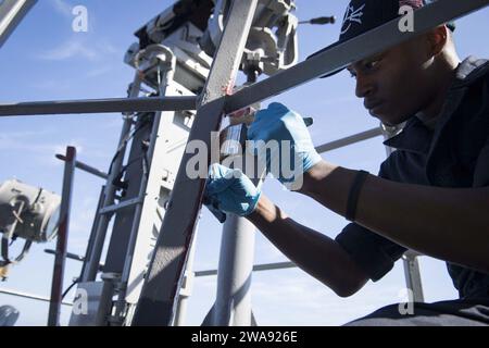 US military forces. 180316KP948-116 MEDITERRANEAN SEA (March 16, 2018) Quartermaster Seaman Marquise Hammond paints aboard the Arleigh Burke-class guided-missile destroyer USS Donald Cook (DDG 75) March 16, 2018.  Donald Cook, forward-deployed to Rota, Spain, is on its seventh patrol in the U.S. 6th Fleet area of operations in support of regional allies and partners, and U.S. national security interests in Europe and Africa. (U.S. Navy photo by Mass Communication Specialist 2nd Class Alyssa Weeks/Released) Stock Photo