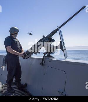 US military forces. 180328PH222-0539  PACIFIC OCEAN (March 28, 2018) Gunner’s Mate 3rd Class Brendon S. Gerry, from Jacksonville, Fla., stands ready at a M2 HB .50-caliber machine gun station during a simulated maritime reaction force visit, board, search and seizure exercise aboard the San Antonio-class amphibious transport dock ship USS Anchorage (LPD 23).  Anchorage is underway with 13th Marine Expeditionary Unit (13th MEU) for an amphibious squadron and MEU integration (PMINT) exercise. PMINT is a training evolution between Essex Amphibious Ready Group and 13th MEU, which allows Sailors an Stock Photo