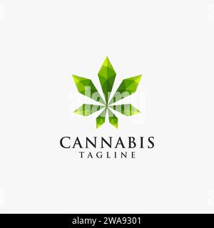 Modern geometric hemp cannabis marijuana logo icon vector template, with lowpoly style on white background Stock Vector